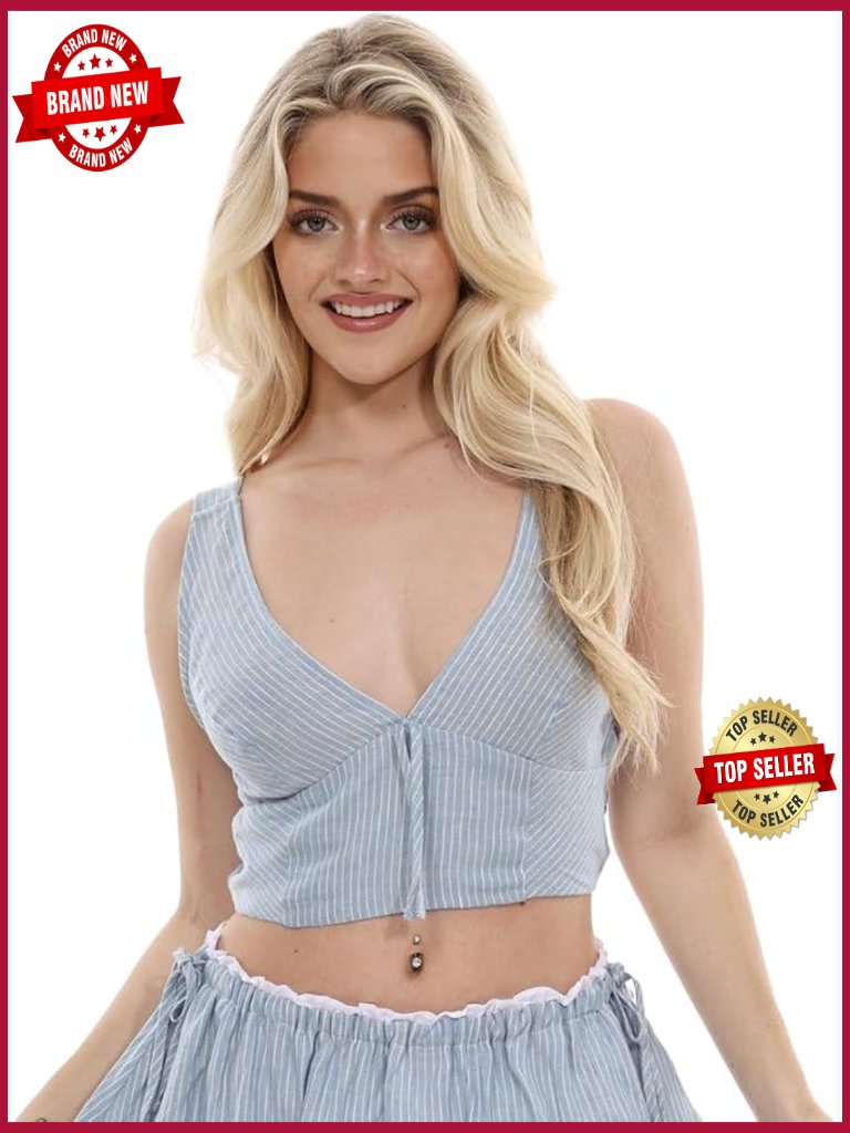100% Linen V-Neck Crop Top Sleeveless Striped Blouse Summer